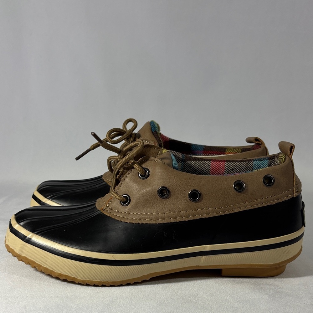 Black and Tan Lace-Up Duck Boots Chic Plaid Lining